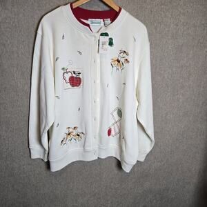 Shenanigans Womens Beige Floral Embroidered Button Up Cardigan Sweatshirt Top 1X